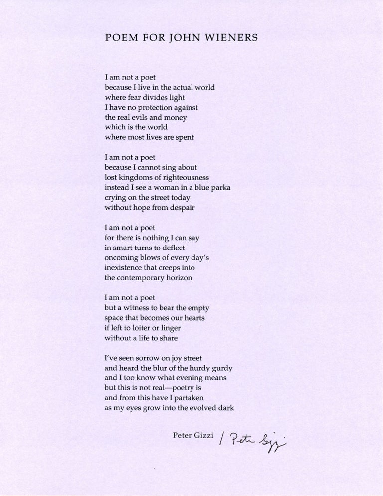 Poem for John Wieners. Peter Gizzi. [Pressed Wafer, 2000].