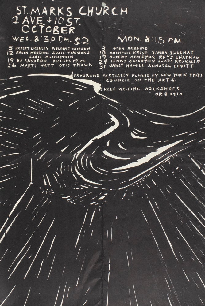 The Poetry Project at St. Mark’s Church Poetry Reading Poster Flyer Oct. 1977. Robert Creeley, Richard Price, Ed Sanders, Carol Rubenstein, Susie Timmons, Robin Messing, Fielding Dawson. The Poetry Project at St. Marks Church. 1977.
