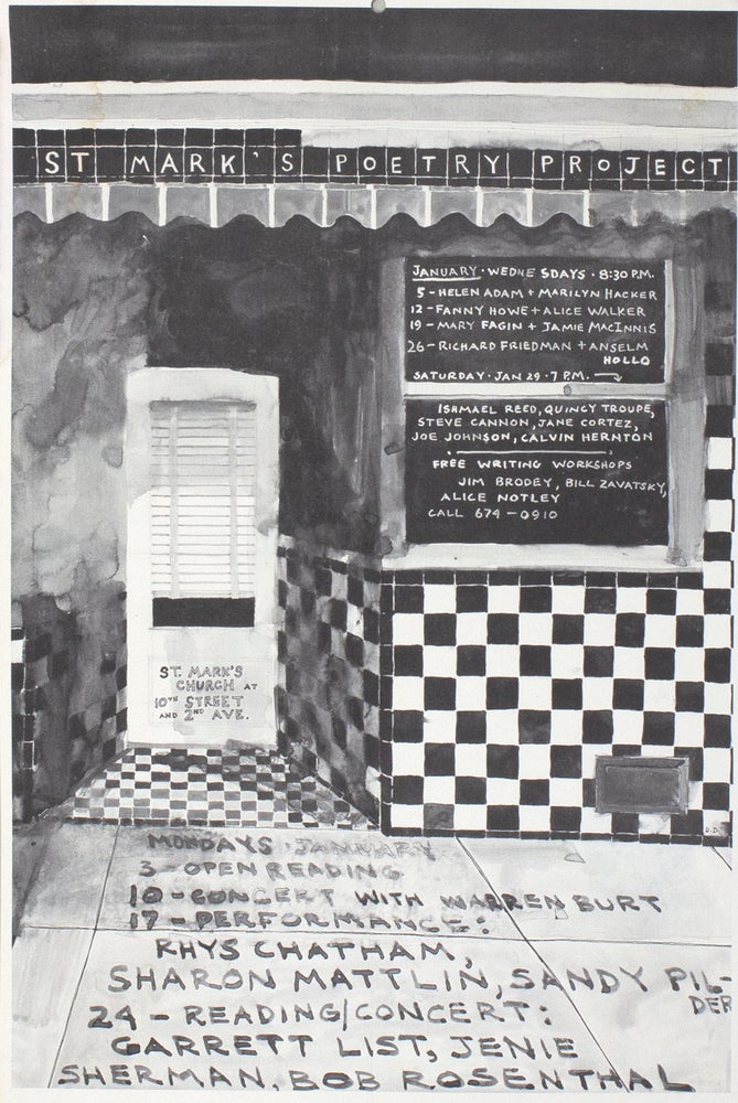 The Poetry Project at St. Mark’s Church Poetry Reading Poster Flyer, Jan. 1977. Helen Adam, Anselm Hollo, Richard Friedman, Jamie MacInnis, Mary Fagin, Alice Walker, Fanny Howe, Marilyn Hacker. The Poetry Project at St. Marks Church. 1977.
