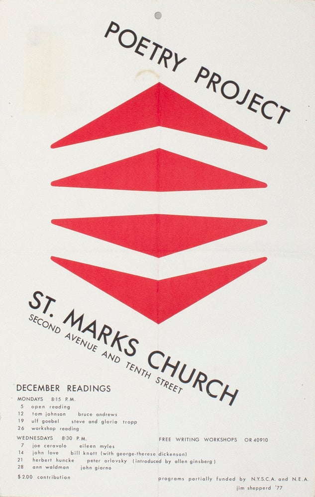 The Poetry Project at St. Mark’s Church Poetry Reading Poster Flyer Dec. 1977. Bruce Andrews, Joe Ceravolo, Eileen Myles, Anne Waldman, John Giorno. The Poetry Project at St. Marks Church. 1977.