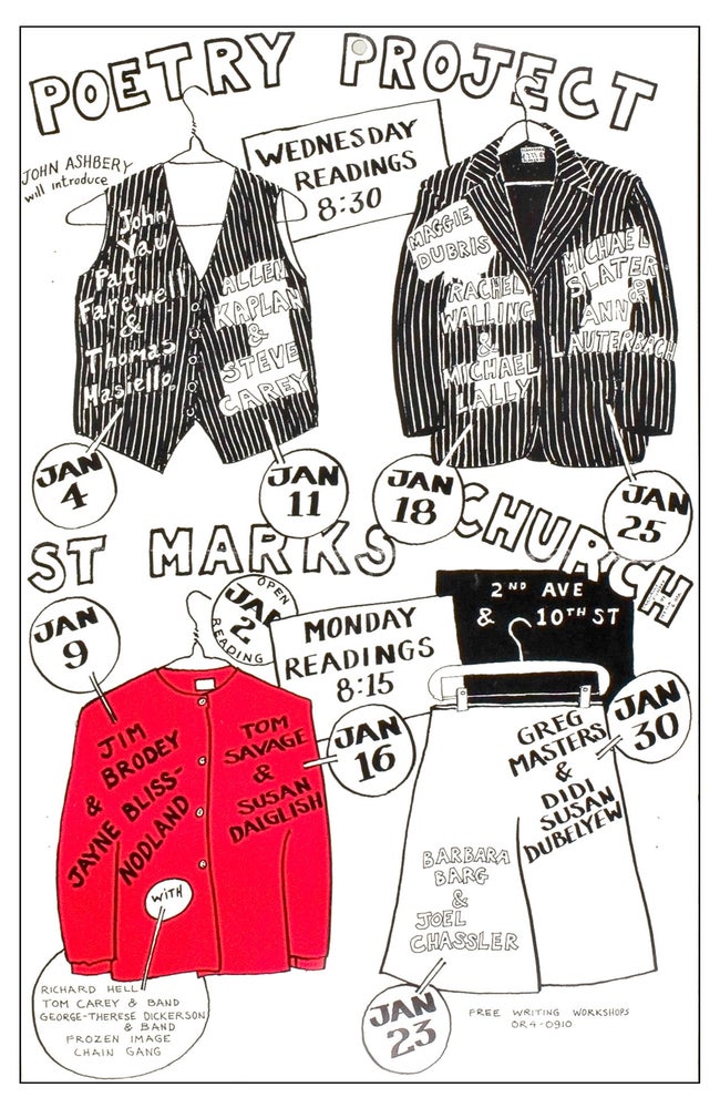 The Poetry Project at St. Mark’s Church Poetry Reading Poster Flyer Jan. 1978. Richard Hell, Maggie Dubris, Jim Brodey, John Yau, Michael Lally. The Poetry Project at St. Mark's Church. 1978.