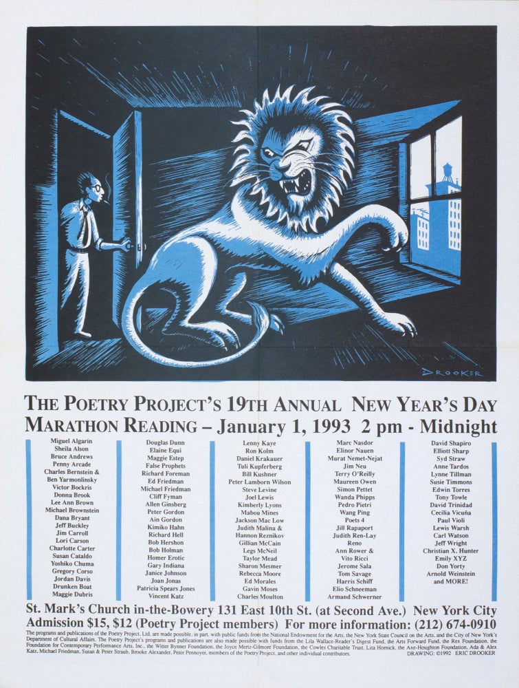 The Poetry Project’s 19th Annual New Year’s Reading Poster Flyer Jan. 1, 1993. Richard Foreman, Wang Ping, Charles Bernstein, Gregory Corso, Allen Ginsberg. The Poetry Project at St. Marks Church. 1993.