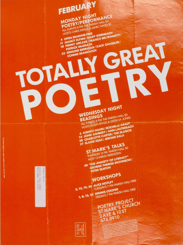 The Poetry Project at St. Mark’s Church Poetry Reading Poster Flyer, Feb. 1985. John Ashbery, Charles Bernstein, Penny Arcade, Eileen Myles, Ann Lauterbach. The Poetry Project at St. Mark's Church. 1985.
