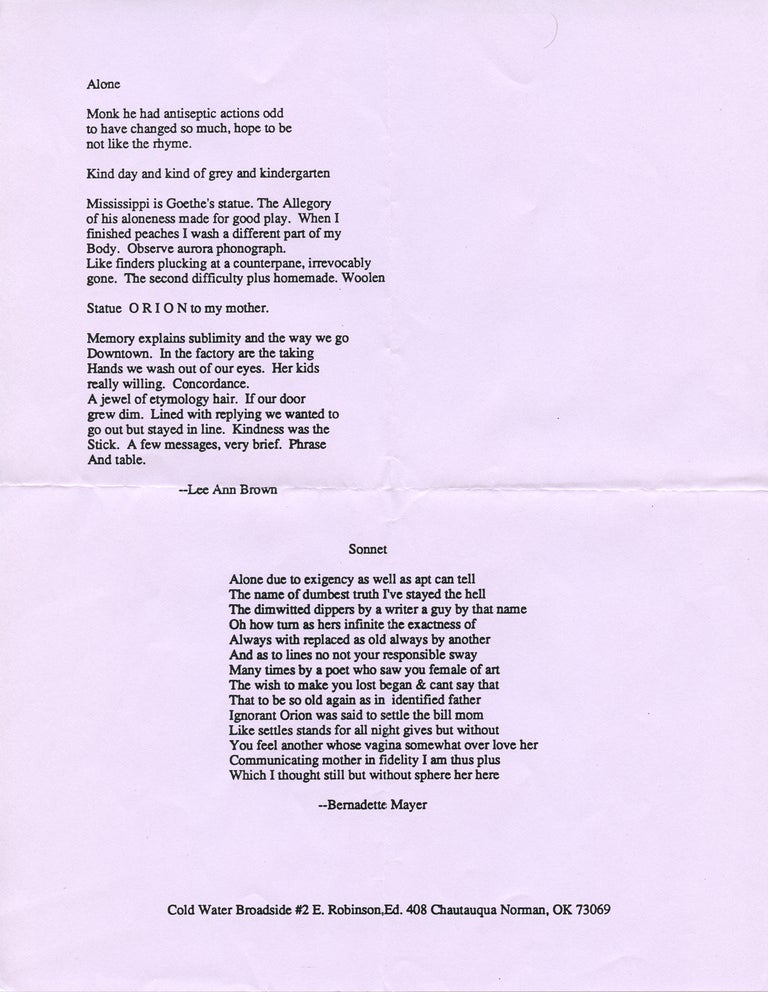 Sonnet / Alone. Bernadette Mayer, Lee Ann Brown. Cold Water Press. [1989?].
