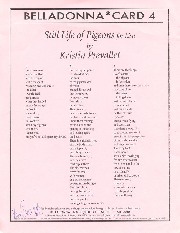 Still Life of Pigeons for Lisa. Kristin Prevallet. Belladonna Books / Boog Literature. 2000.