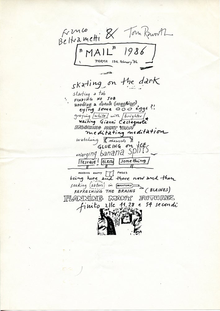 “Mail” 1986 Parma 13th February 86. Franco Beltrametti, Tom Raworth. N.p. 1986.