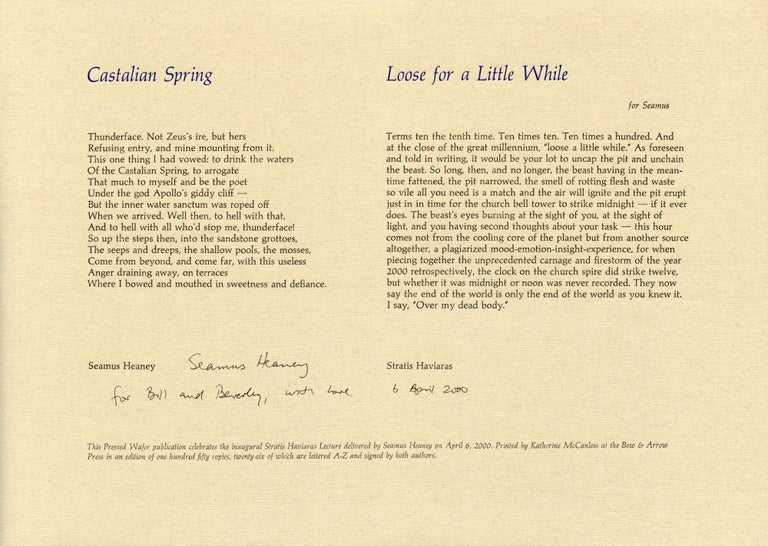 "Castalian Spring" and "Loose for a Little While." Seamus Heaney, Stratis Haviaras. Pressed Wafer. 2000.