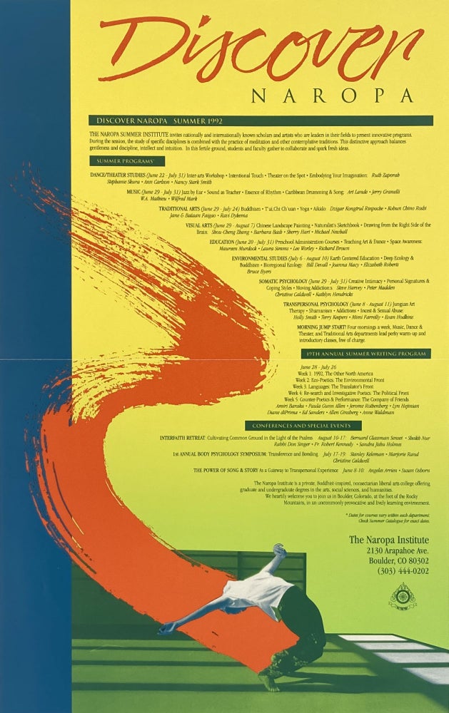 Discover Naropa. Poetry Poster Flyer. Amiri Baraka, Allen Ginsberg, Ed Sanders, Diane di Prima, Lyn Hejinian, Jerome Rothenberg, Paula Gunn Allen, Anne Waldman. Naropa Institute. 1992.