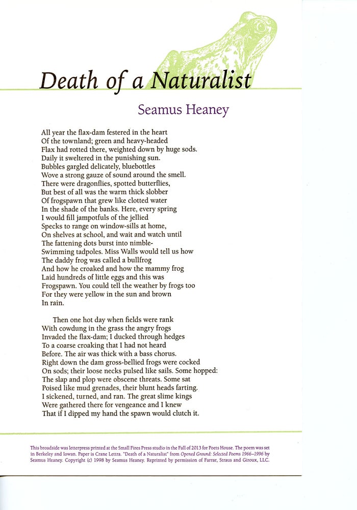 Death of a Naturalist. Seamus Heaney. Poets House. 2013.
