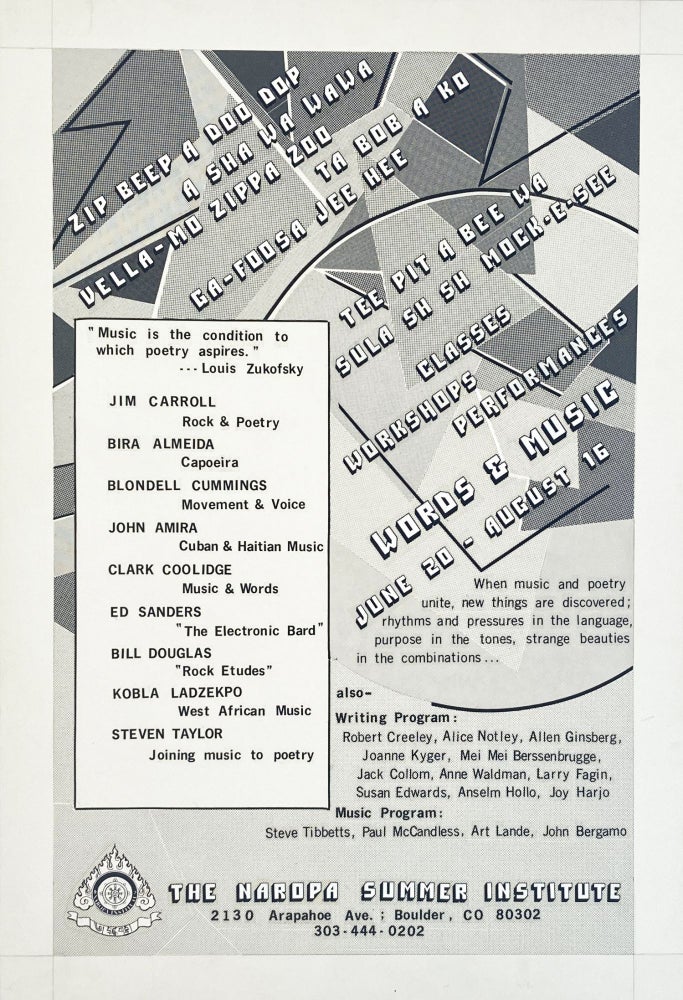 Words & Music. The Naropa Summer Institute. Poetry Reading Poster Flyer. Jim Carroll, Steven Taylor, Ed Sanders, Clark Coolidge. The Naropa Institute. N.d.
