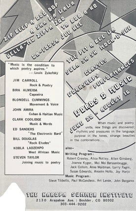 Words & Music. The Naropa Summer Institute. Poetry Reading Poster Flyer. Jim Carroll, Steven Taylor, Ed Sanders, Clark Coolidge. The Naropa Institute. N.d.