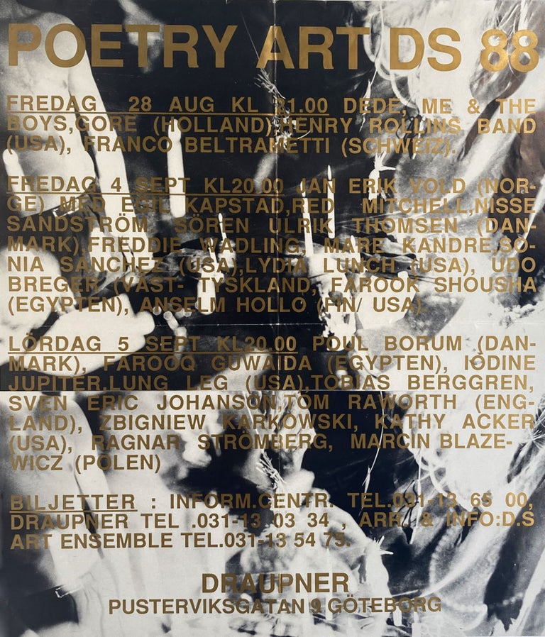 Poetry Art DS 88. Poetry Music Poster Flyer. Franco Beltrametti Henry Rollins Band, Kathy Acker, Lung Leg, Iodine Jupiter, Farooq Guwaida, Poul Borum, Udo Breger, Anselm Hollo, Lydia Lunch, Sonia Sanchez. N.p. 1988.