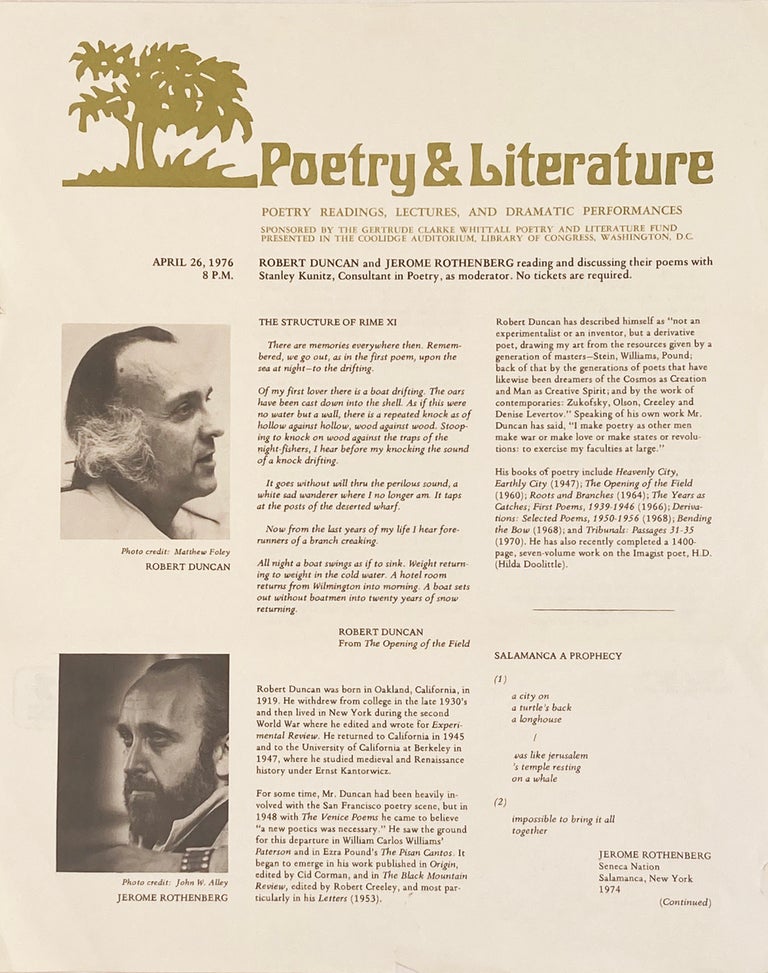 Poetry & Literature Library of Congress Poetry Reading Poster Flyer. Robert Duncan, Jerome Rothenberg. Library of Congress / Poetry Office. 1976.