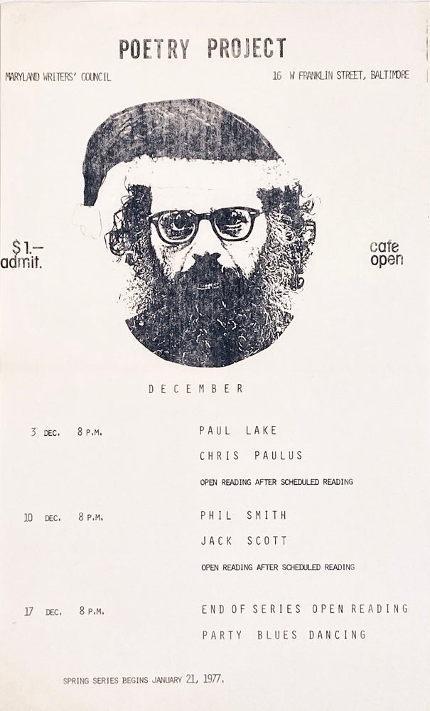 Poetry Project Maryland Writers' Council Dec. 1976 Poetry Reading Poster Flyer. Paul Lake, Phil Smith, Chris Paulus, Jack Scott. Maryland Writers' Council. 1976.