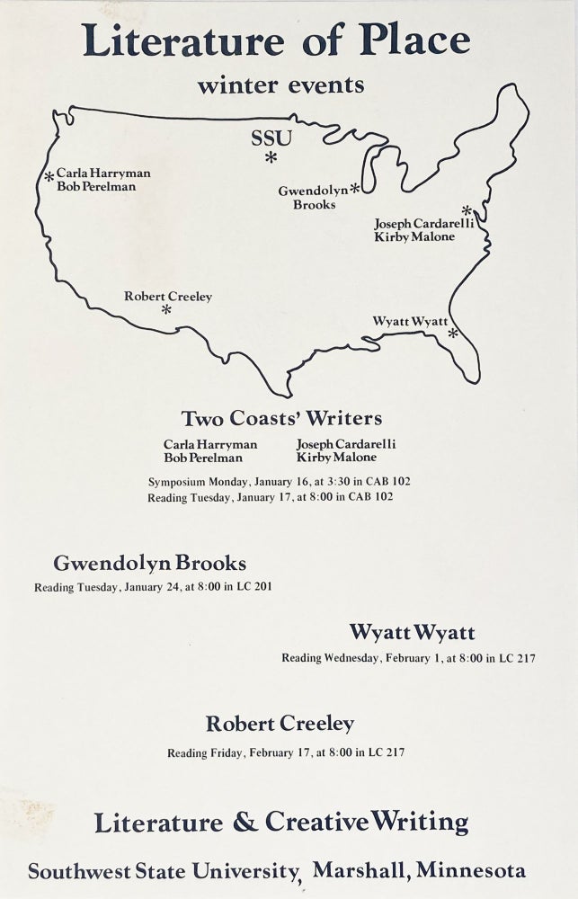 Literature of Place Fall Events Poetry Reading Poster Flyer. Anselm Hollo, Gwendolyn Brooks, Ted Berrigan, William Stafford, William Kloefkorn, Robert Bly, Bill Holm, Maxine Kumin. Literature and Creative Writing / Southwest State University. 1977.