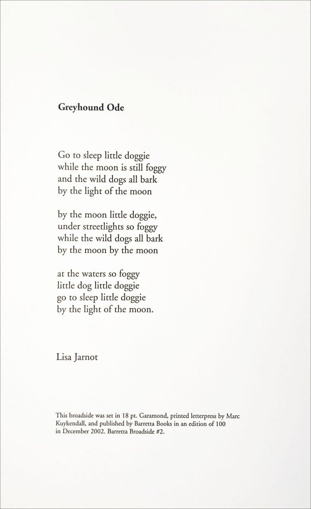 Greyhound Ode. Lisa Jarnot. Barretta Books. 2002.