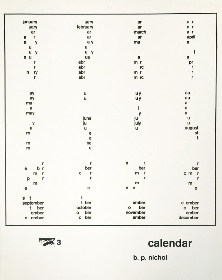 Calendar. bpNichol. [Rhinoceros Broadsides]. [1970].