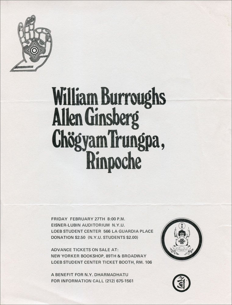 William Burroughs, Allen Ginsberg, and Chögyam Trungpa, Rinpoche (Poetry Reading Poster Flyer). William Burroughs, Allen Ginsberg, Rinpoche Chögyam Trungpa. NYU. N.d.