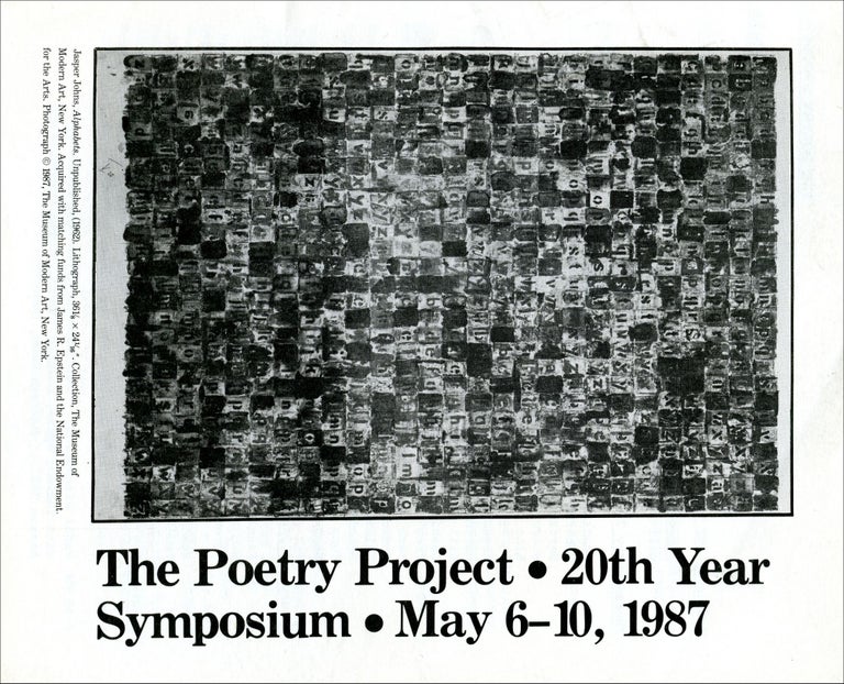 The Poetry Project 20th Year Symposium (Poetry Reading Poster Flyer). Allen Ginsberg, Lorenzo Thomas, Maureen Owen, Ron Padgett, Jerome Rothenberg, Ed Sanders, Anne Waldman, Robert Creeley. The Poetry Project at St. Marks Church. 1987.