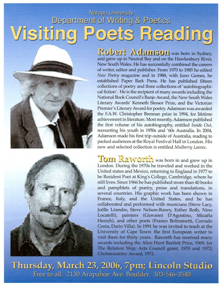 Visiting Poets Reading (Poetry Reading Poster Flyer). Robert Adamson, Tom Raworth. Naropa University. 2006.