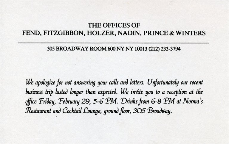 The Offices of Fend, Fitzgibbon, Holzer, Nadin, Prince & Winters. Peter Fend, Richard Prince, Jenny Holzer, Coleen Fitzgibbon, Robin Winters. The Offices of Fend, Fitzgibbon, Holzer, Nadin, Prince & Winters. [1980].