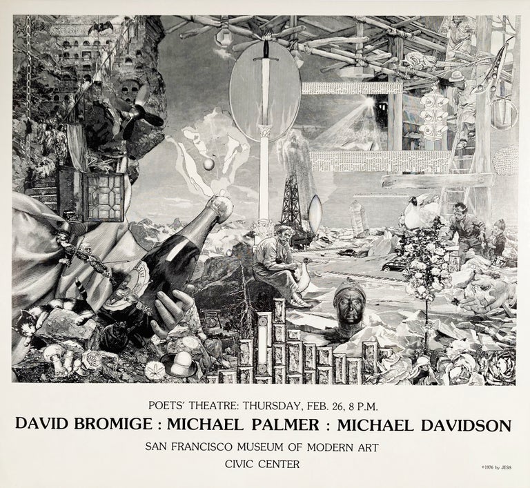 Poets' Theatre: Thursday, Feb. 26, 8 P.M. David Bromige: Michael Palmer: Michael Davidson. Poetry Poetry Reading Poster Flyer with Jess collage. David Bromige Jess, Michael Palmer, Michael Davidson, Collins. San Francisco Museum of Modern Art. [1976].