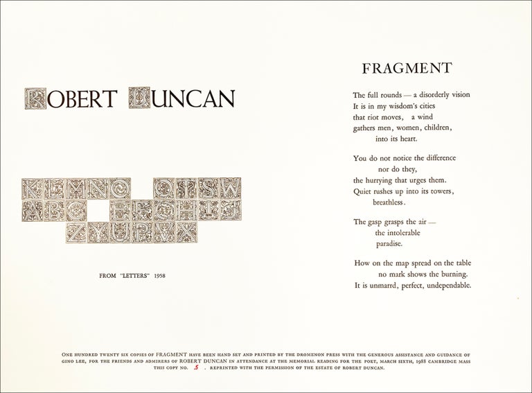 Fragment. Robert Duncan. Dromenon Press. 1988.