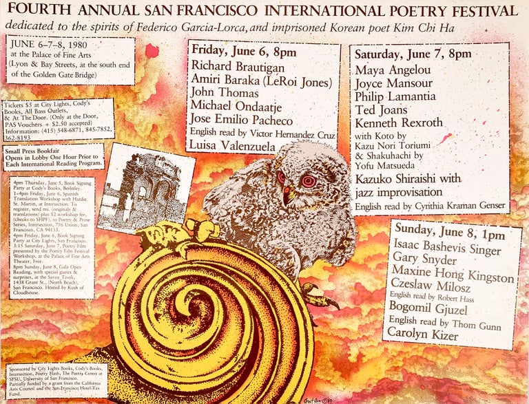 Fourth Annual San Francisco International Poetry Festival. Poetry Reading Poster Flyer. English, Robert Hass, Thom Gunn. N.p. 1980.
