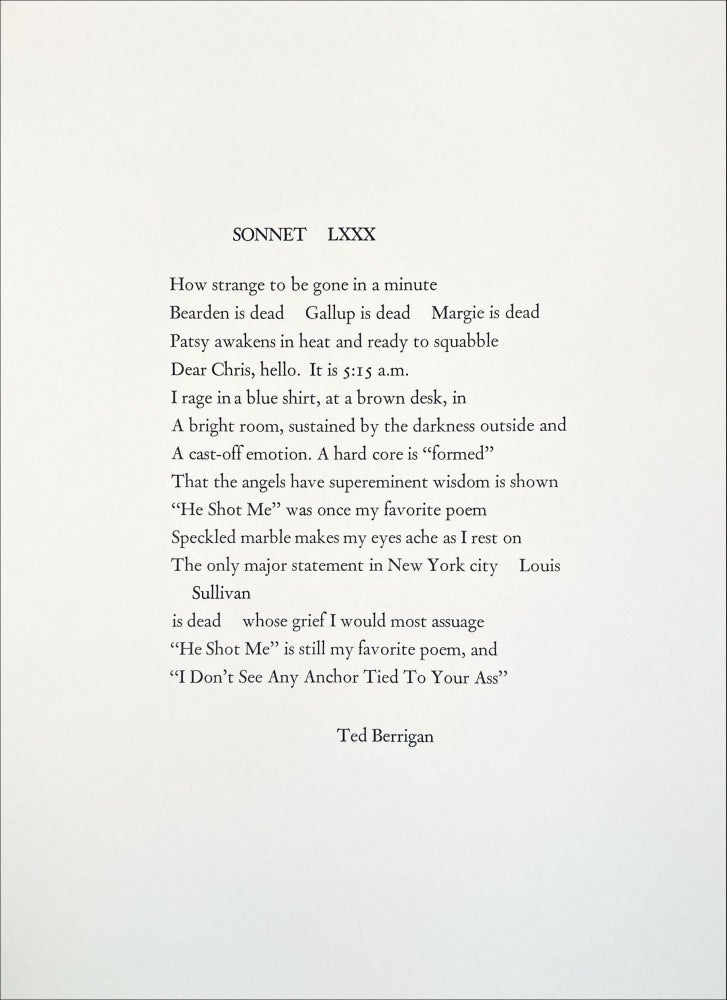 Sonnet LXXX. Ted Berrigan. N.p. [1985].