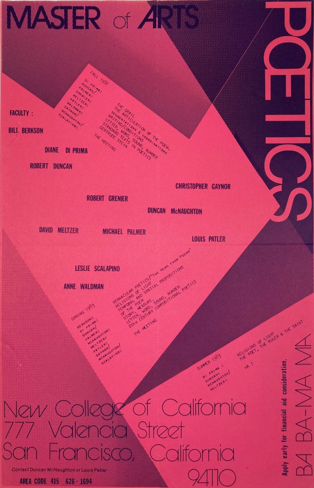 Poster for the Master of Arts in Poetics program at New College of California. Bill Berkson, Leslie Scalapino, Louis Patler, Michael Palmer, David Meltzer, Duncan McNaughton, Christopher Gaynor, Robert Grenier, Robert Duncan, Anne Waldman. New College of California. 1982.
