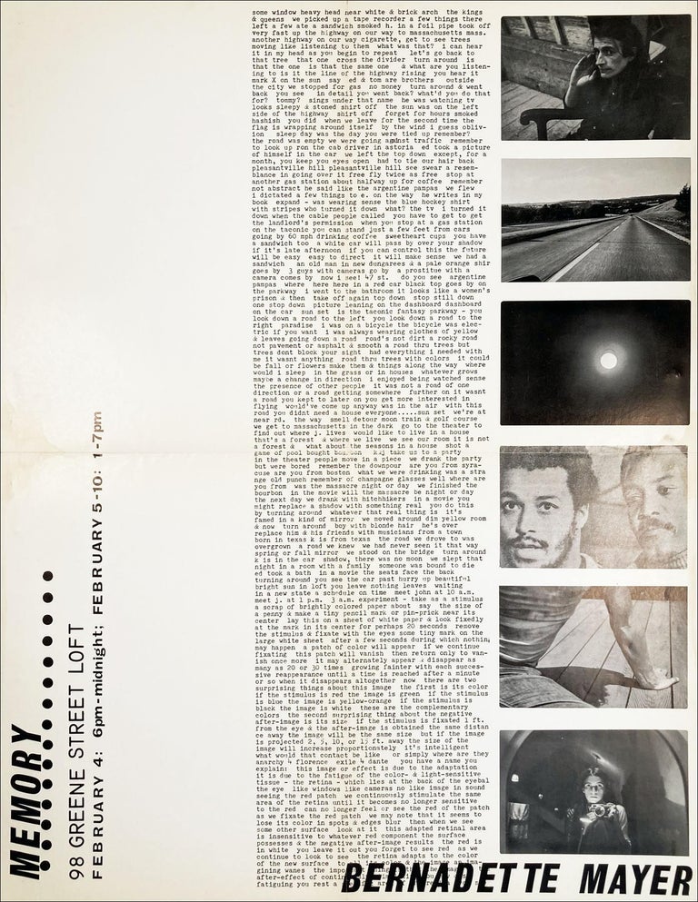 Memory. [Exhibition Poster.]. Bernadette Mayer. 98 Greene Street Loft. [1972].