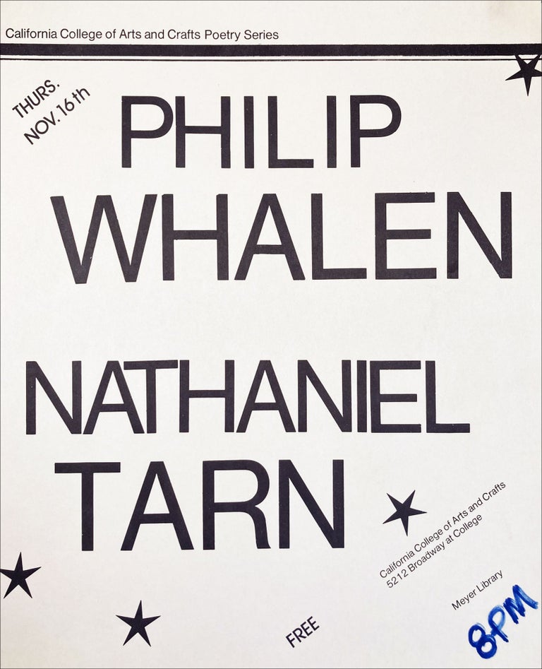 Philip Whalen and Nathaniel Tarn. [Poetry Reading Poster Flyer.]. Philip Whalen, Nathaniel Tarn. California College of Arts and Crafts. n.d.