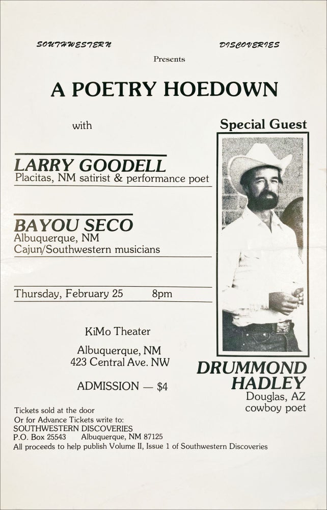 A Poetry Hoedown with Larry Goodell, Bayou Seco, and Drummond Hadley. Larry Goodell, Bayou Seco, Drummond Hadley. Southwestern Discoveries. n.d.