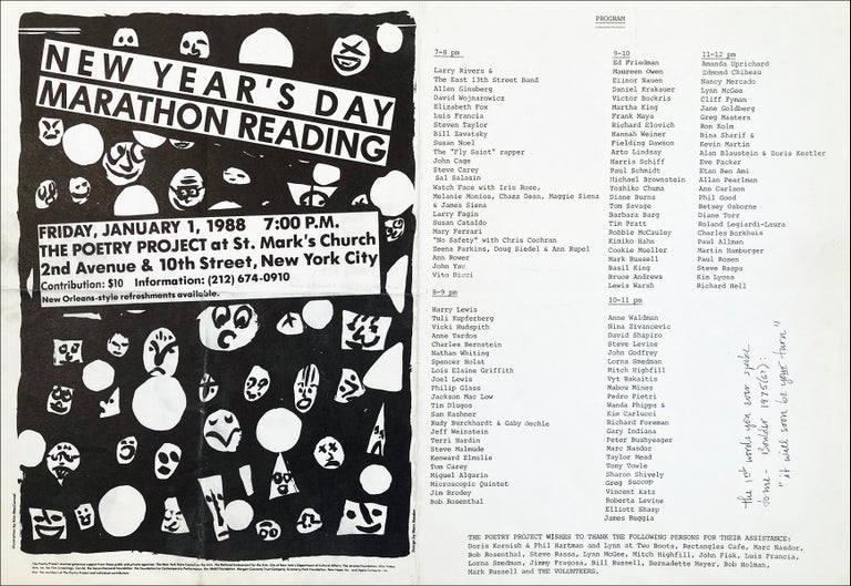The Poetry Project's 14th Annual New Years Reading Poster Flyer Jan. 1, 1988. Allen Ginsberg, Larry Fagin, John Cage, David Wojnarowicz. The Poetry Project at St. Marks Church. 1988.