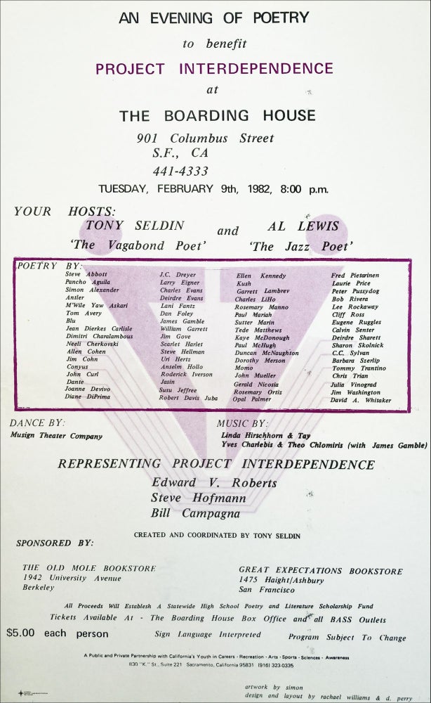 Project Interdependence. Poetry Reading Poster Flyer. Steve Abbott, Julia Vinograd, Laurie Price, Kaye McDonough, Kush, Anselm Hollo, Larry Eigner, Diane di Prima, Antler. The Old Mole Bookstore/Great Expectations Bookstore. 1982.