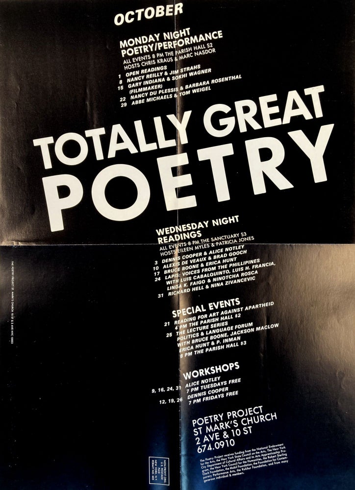 The Poetry Project at St. Mark's Church Poetry Reading Poster Flyer, Oct. Gary Indiana, Erica Hunt, Alice Notley, Dennis Cooper. The Poetry Project at St. Mark's Church. [1984].