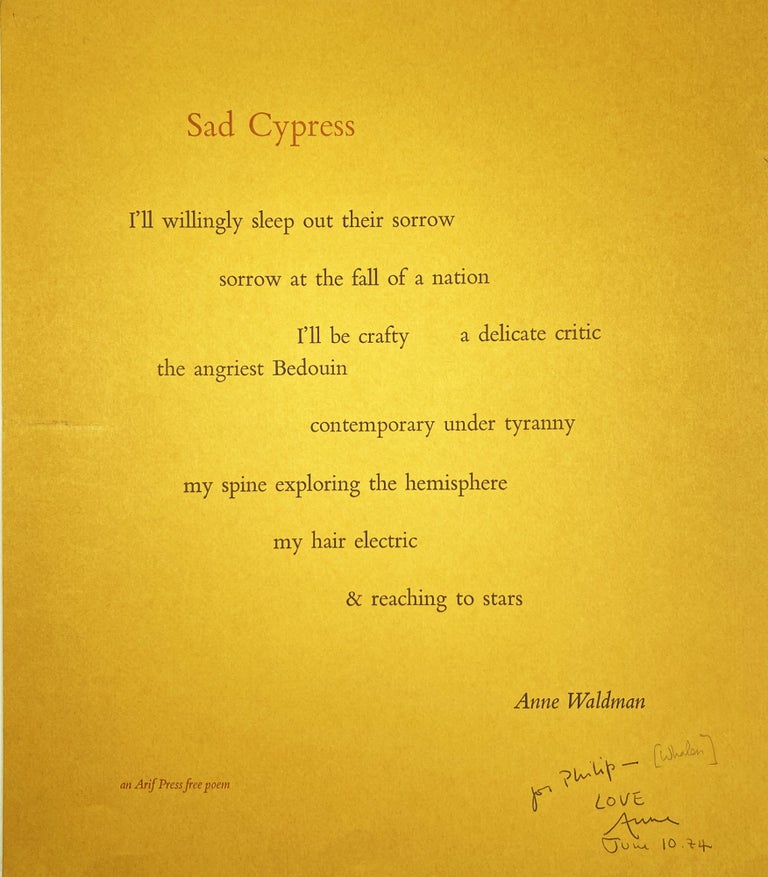 Sad Cypress. Anne Waldman. Arif Press. c.1974.