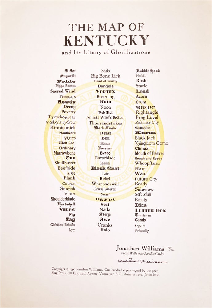 The Map of Kentucky and Its Litany of Glorifications. Jonathan Williams. Slug Press. 1990.