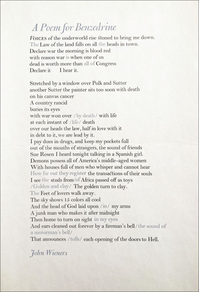 A Poem for Benzedrine. John Wieners. [Poltroon Press]. [1976].