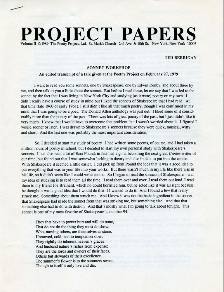 Sonnet Workshop. Ted Berrigan. The Poetry Project. 1989.