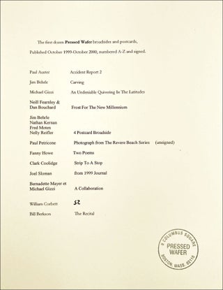 Pressed Wafer Portfolio. Bill Corbett, Bernadette Mayer, Clark Coolidge, Fanny Howe, Paul Auster, Michael Gizzi, Bill Berkson. Pressed Wafer. 1999–2000.