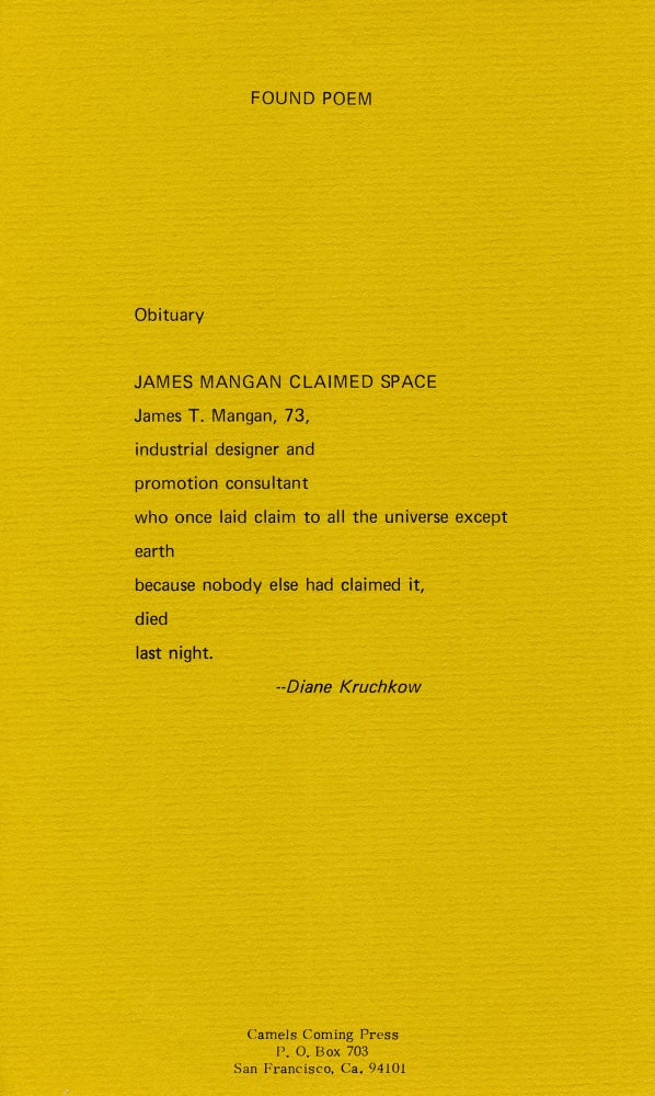 Found Poem. Diane Kruchkow. Camels Coming Press. [1970].