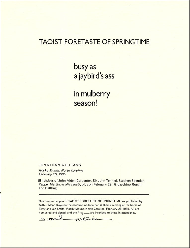 Taoist Foretaste of Springtime. Jonathan Williams. Arthur Mann Kaye. 1985.