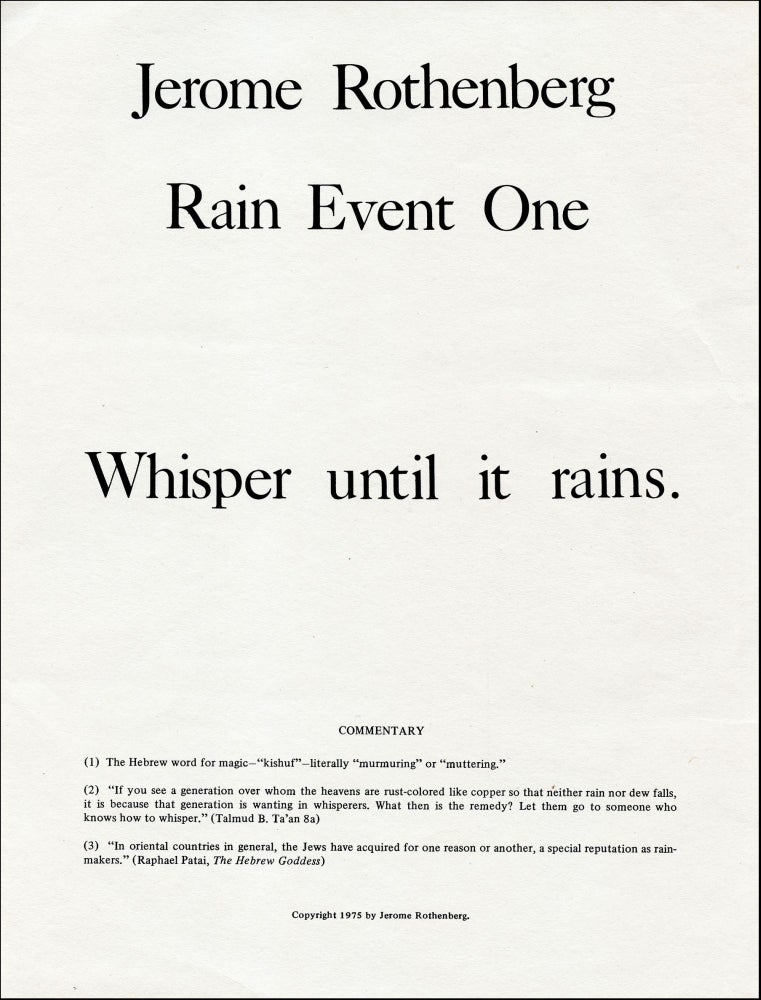 Rain Event One. Jerome Rothenberg. [Membrane Press]. 1975.