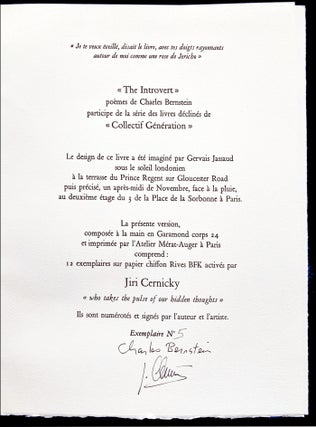 The Introvert. Charles Bernstein, Jiri Cernicky. Collectif Génération. 2010.