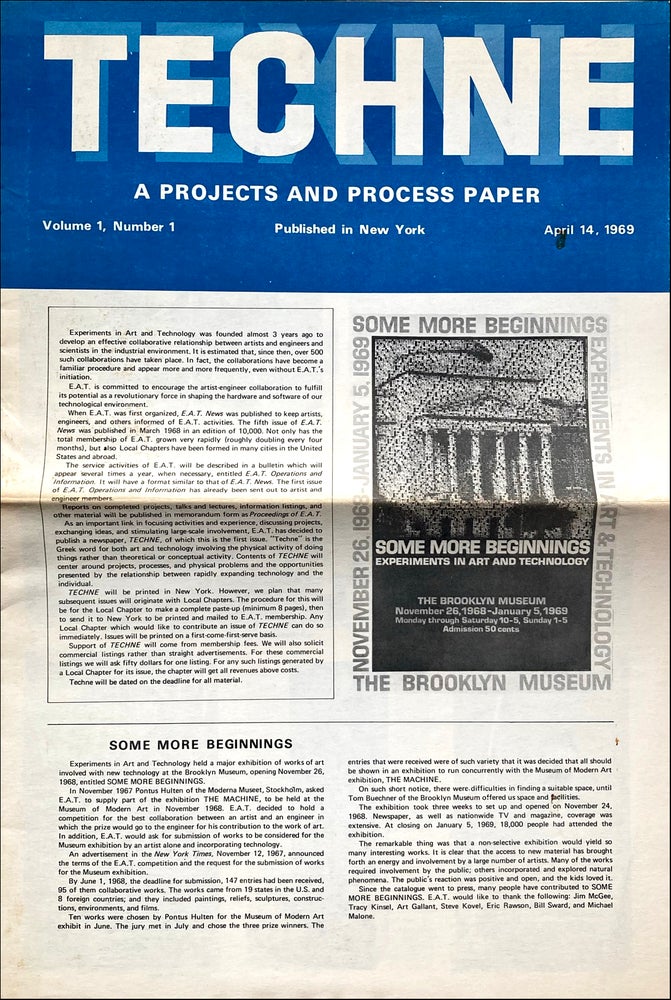 Techne: A Projects and Process Paper, vol. 1, no. 1, Apr. 14, 1969. Julie Martin, eds Susan Munshower. Experiments in Art and Technology / Billy Klüver. 1969.