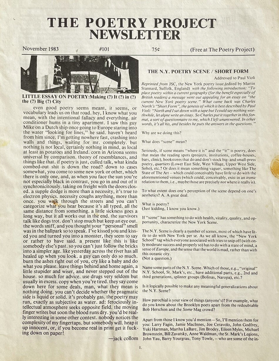 The Poetry Project Newsletter, no. 101. November 1983 | Lorna Smedman