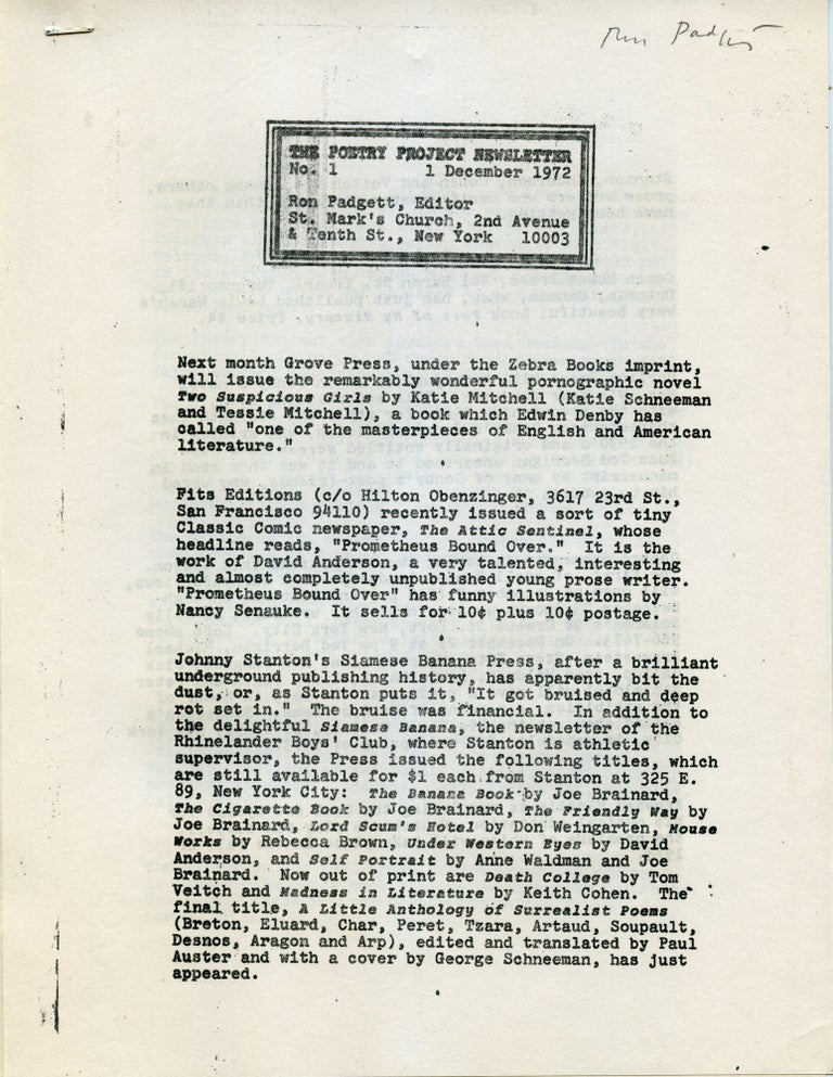 Poetry Project Newsletter, no. 1. Dec. 1, 1972. Ron Padgett.