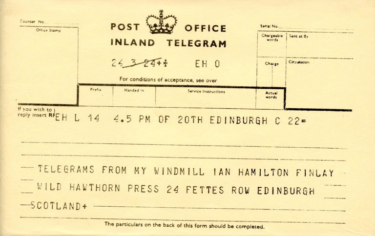 Telegrams from my Windmill. Ian Hamilton Finlay. Wild Hawthorn Press. [1964].