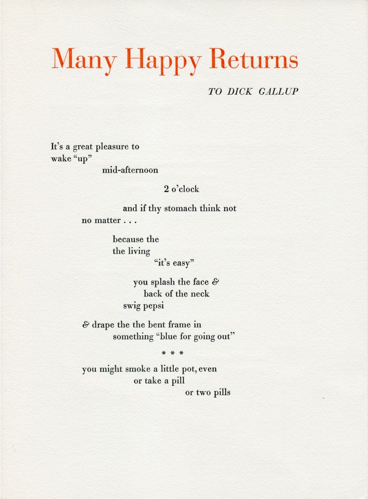 Many Happy Returns (To Dick Gallup). Ted Berrigan. Angel Hair. 1967.